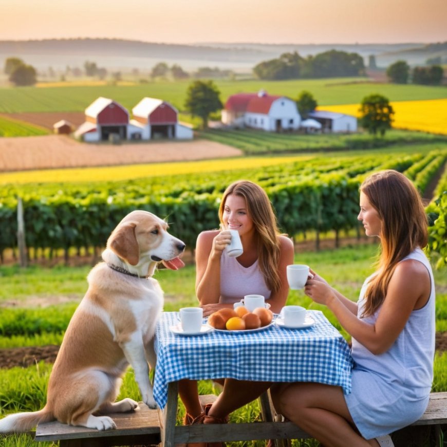 Character Series-Realistic Depiction of Life-Two Young Women and a Puppy Enjoying Coffee