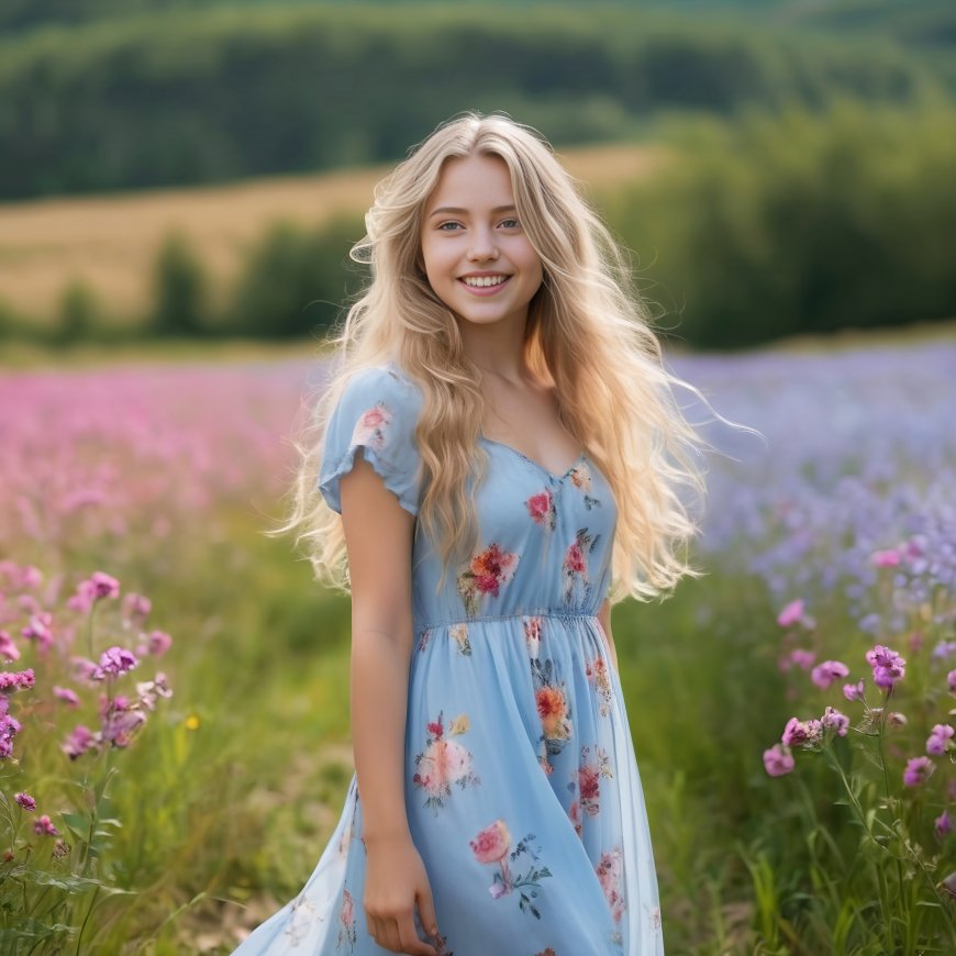 Character Series-Realistic Depiction of Life-A Blonde Girl Standing in a Flower Field